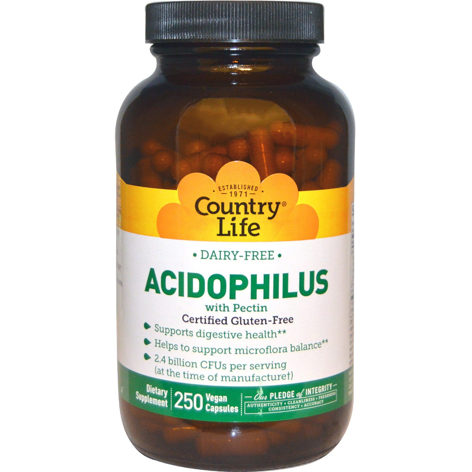 Country Life Acidophilus Probiotic Supplement for Women & Men - Free from Common Allergens - 2.4 Billion CFUs to Support Digestive Health - Dairy-Free, Non-GMO, 250 Vegan Capsules