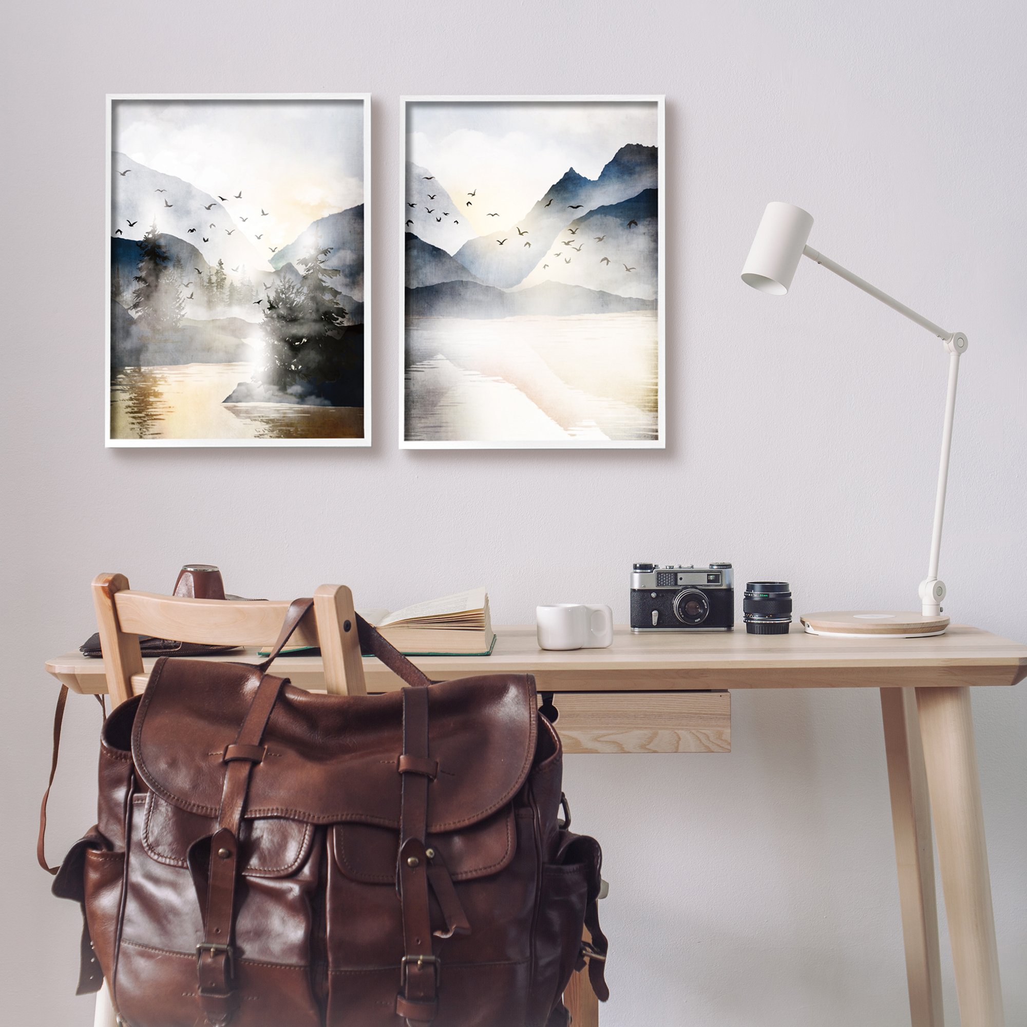 Stupell Sunlit Birds Over Lake Landscape Landscape Painting White Framed Art Print Wall Art, Set of 2