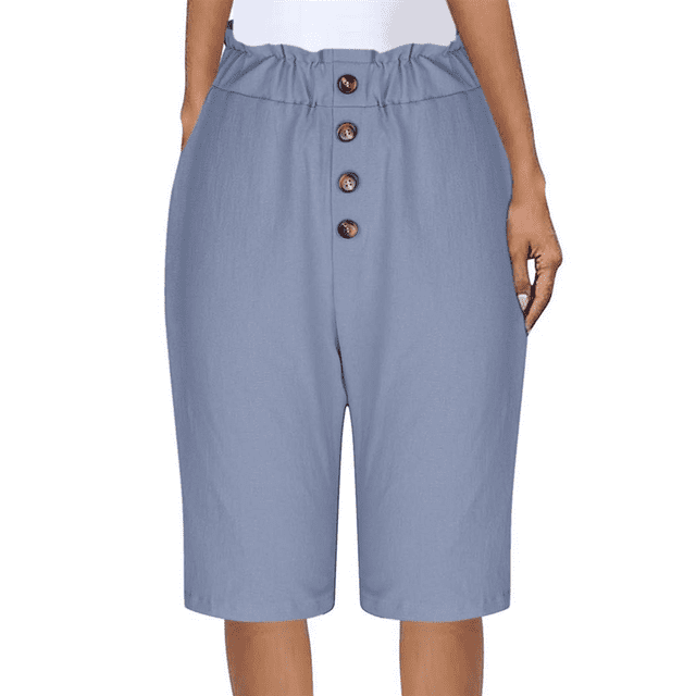 Pantalones Rectos de Pierna para Mujer, con Cintura Alta Elástica Fruncida, Pantalones Deportivos, Pantalones Cortos con Bolsillos, Azul , Talla S