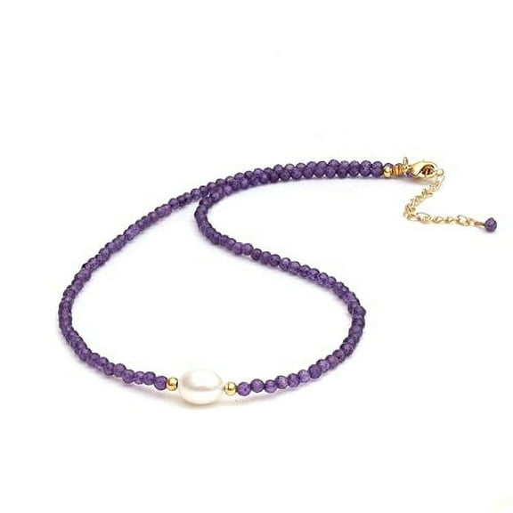 Amethyst Beaded with Pearl Beaded Necklace February Birthstone Jewelry Gifts Hypoallergenic 18 Inch Gold Plated Handmade Choker Necklaces For Women