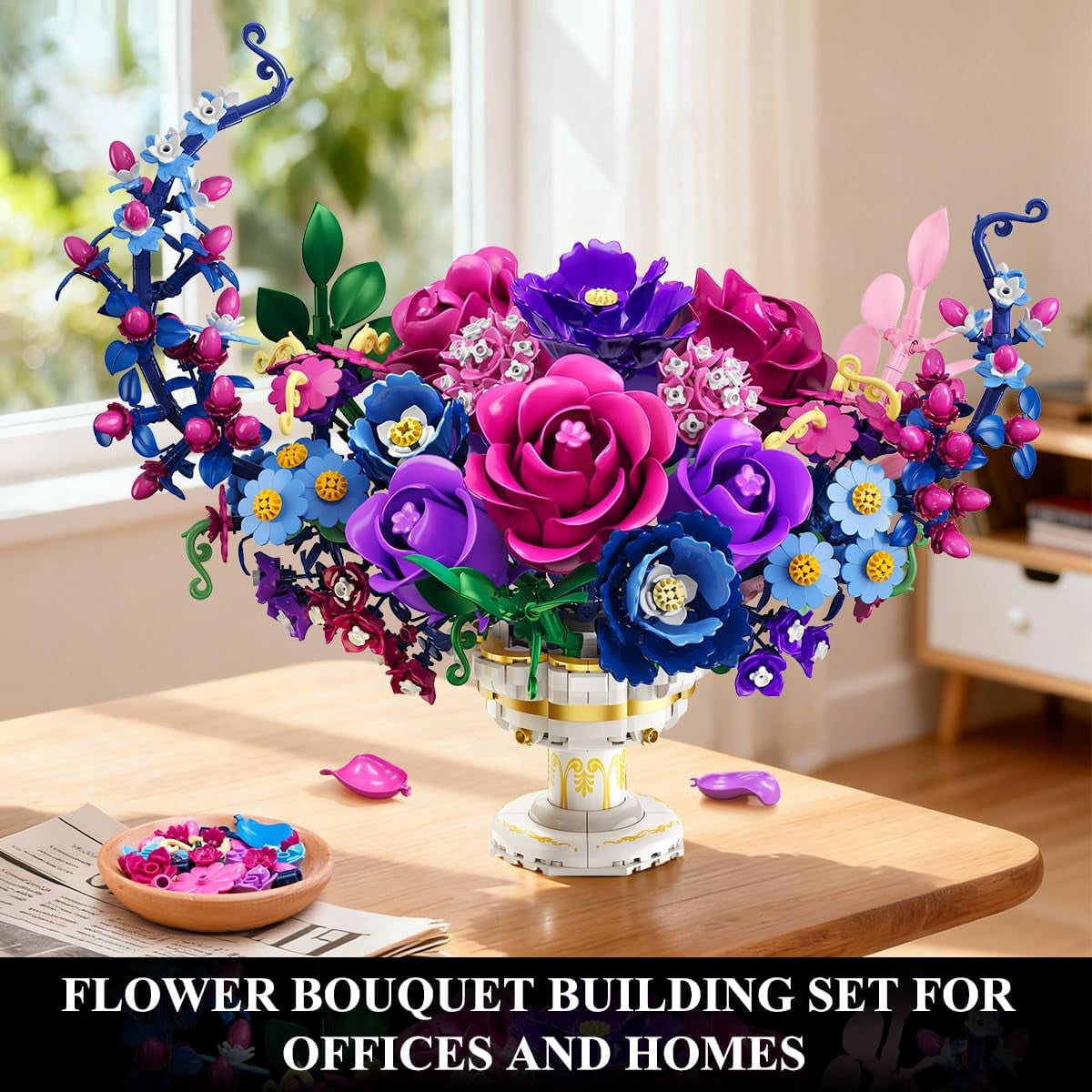 TERRAMUS Moon Flower Bouquet Building Set with LED Light, 1274 Pcs Crescent Shape Floral Building Kit, Lunar Flower Display Model Blocks Toy for Ages 12+