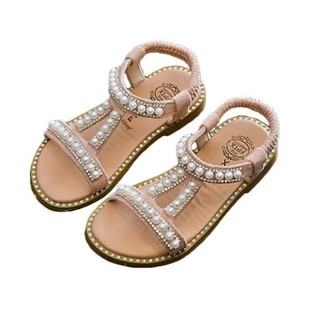 Girls Summer Shoes Style PU Leather Sandal Pearl Baby Shoes Breathable Flat Sandals Shoes for Kids Children - Size 1 (Pink)