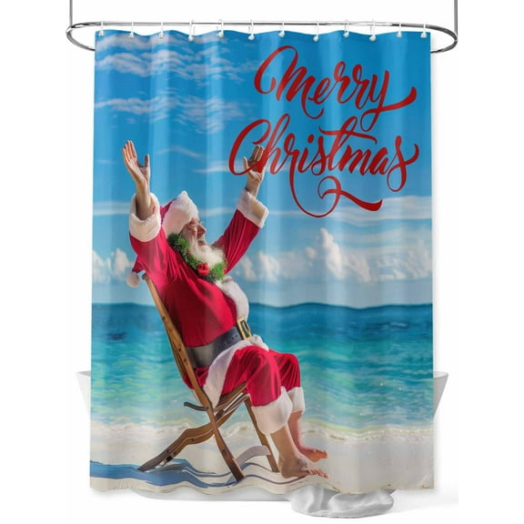 Coastal Christmas Shower Curtain Set, Waterproof Shower Curtains for Bathroom, Xmas Red Santa Blue Beach Washable Fabric Cloth Bath Curtain for Bathtub Decoration with Hooks 48x72 Inches