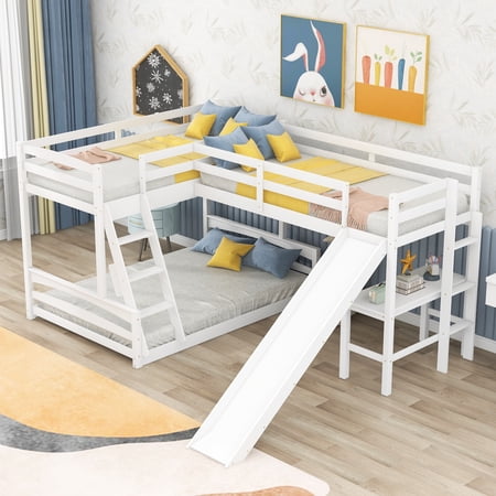 L Shaped Bunk Bed with Desk and Slide  Full-Length Guardrail  Wooden Twin over Full Bunk Corner Bed for Kids Teens Adults  3 Beds in 1(White)