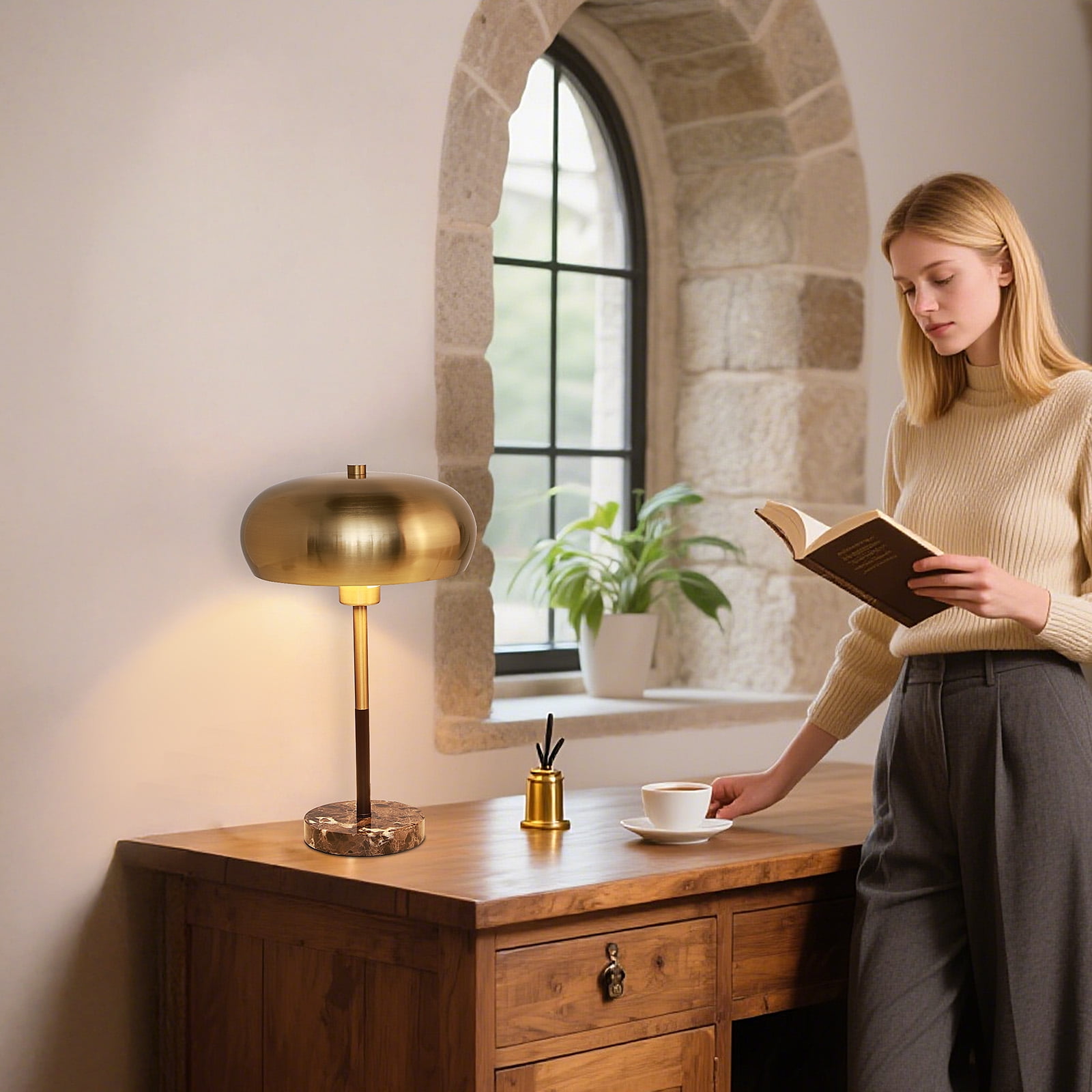 SUNMORY 16” Modern Gold Table Lamp with Marble Base, Nightstand Lamp E26 Bulb Included, 3 Color Temperatures Dimmable Living Room Lamp, Desk Lamp for Bedroom, Office