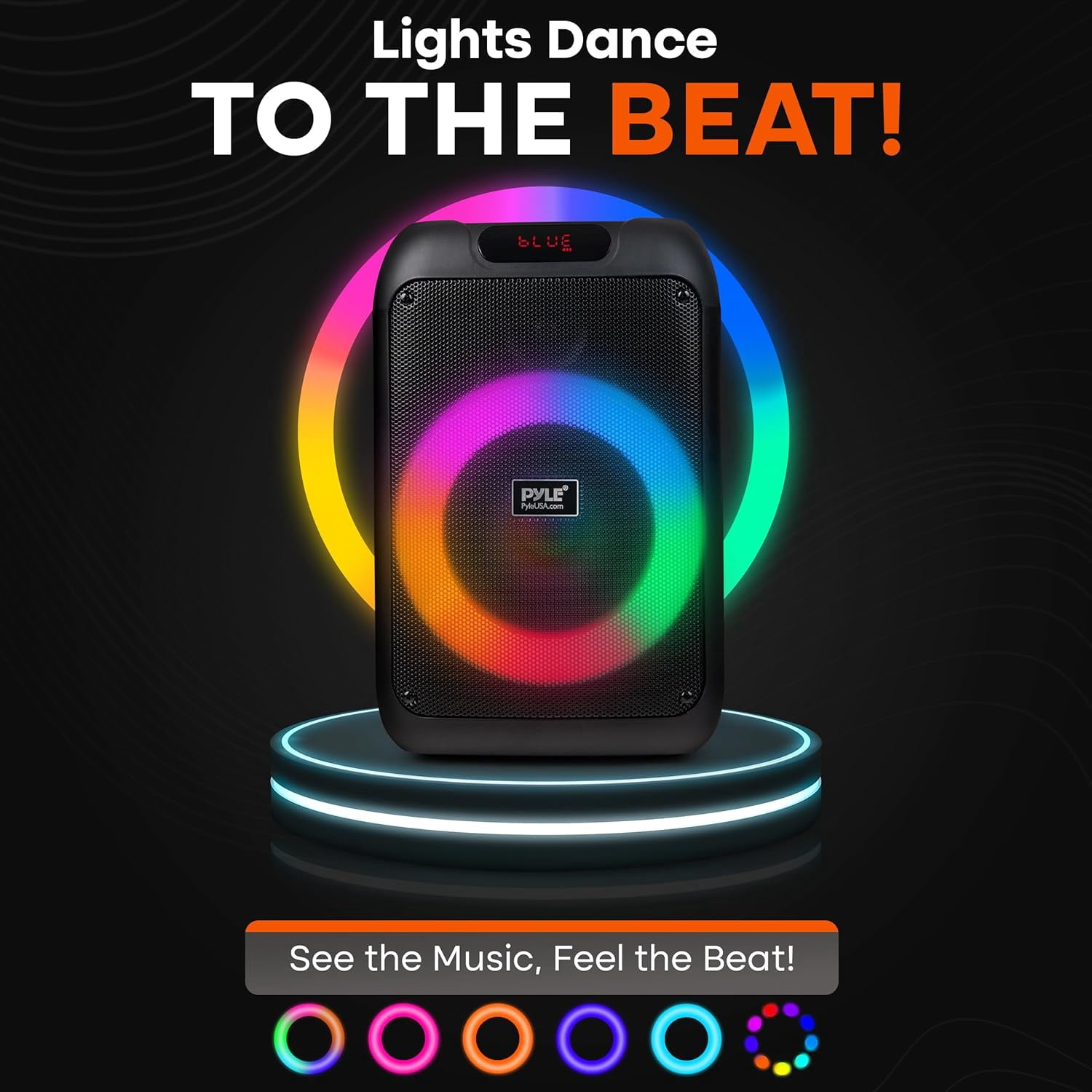 Pyle Portable Bluetooth Party Speaker, 8" Woofer, TWS, 100W, Rechargeable, Mic Input, Echo, Bass/Treble Control, USB/SD/BT/FM, LED Lights, Indoor/Outdoor