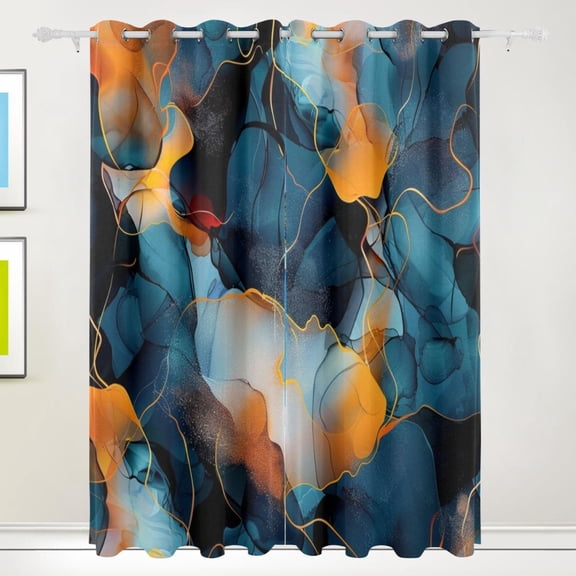 Dark Blue and Orange Marble Blackout Curtains 2 Panels Set Grommet Drapes for Bedroom Living Room W55xL84