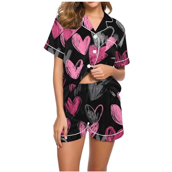 Vetsdori Casual PJ Sets for Women 2 Pieces Heart Print Homewear Button up Short Sleeve,Soft Summer Loungewear Home Sleepwear Womens Pajamas Shorts & Top