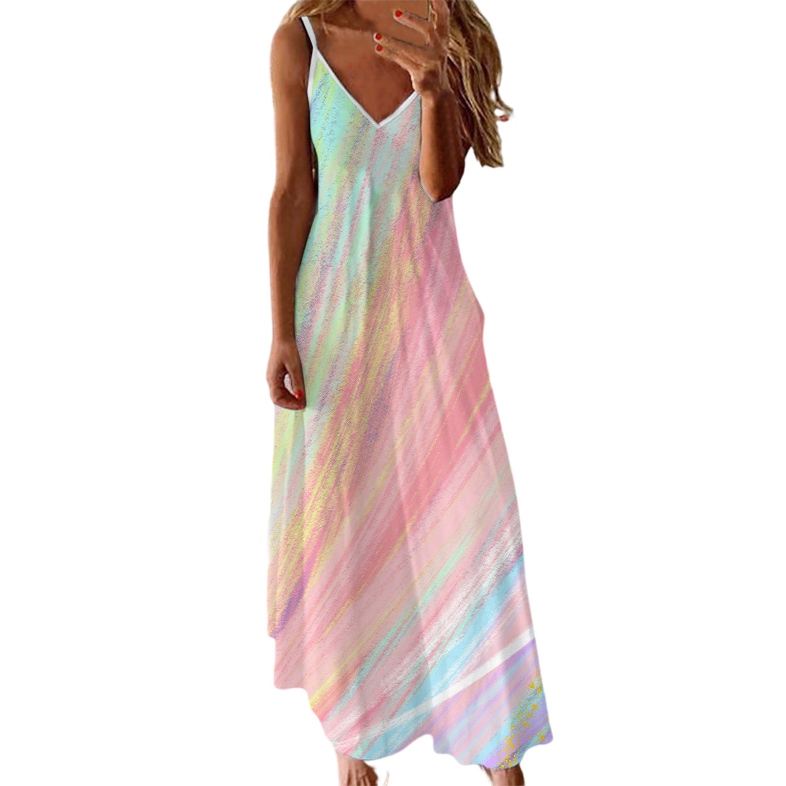 Womens Summer Casual Beach Sleeveless Suspenders Printing Dress Summer