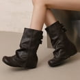 thumbnail image 4 of Fold Over Mid Calf Boots for Women Hidden Wedge Low Heel Slouchy Leather Round Toe Long Booties with Buckle Strap, 4 of 7