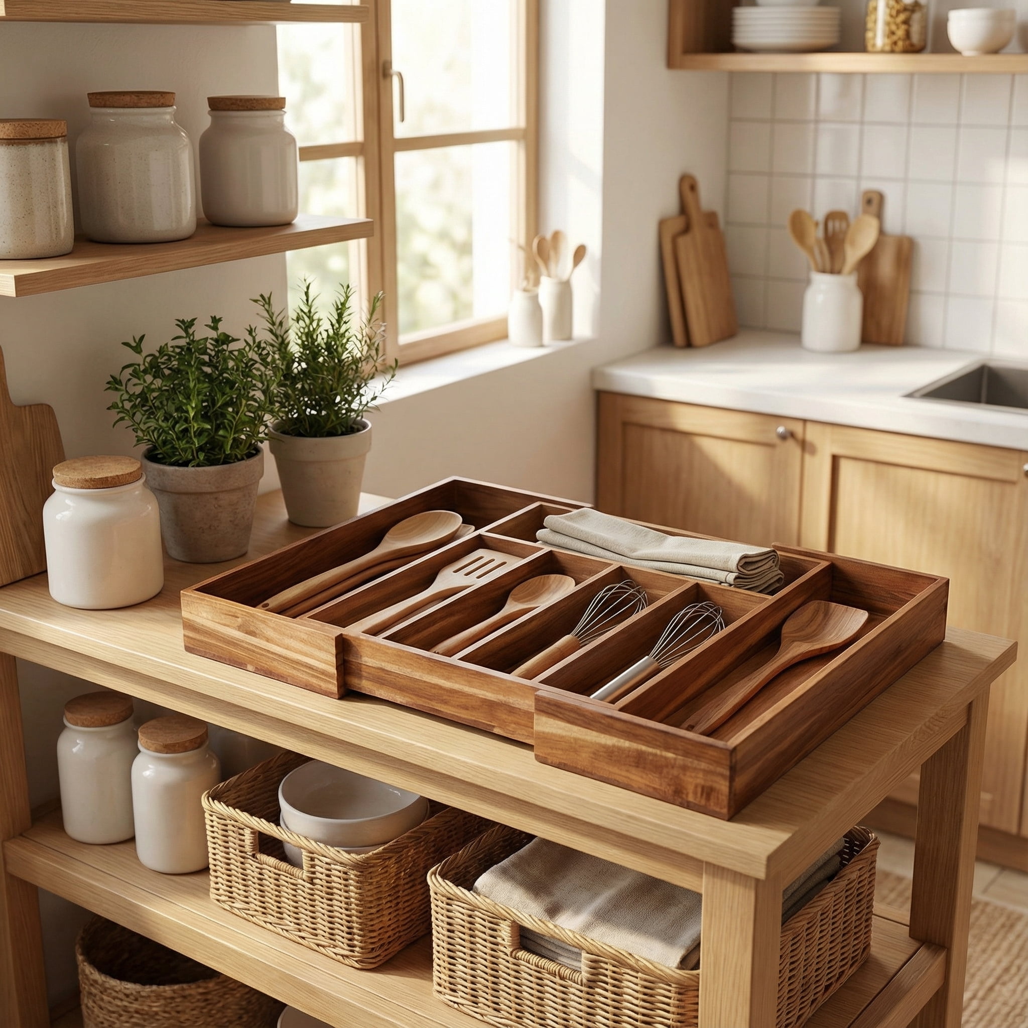 Expandable Acacia Wood Kitchen Drawer Organizer, Adjustable Utensil & Cutlery Organizer with Knife Block, Wooden Kitchen Drawer Organizer