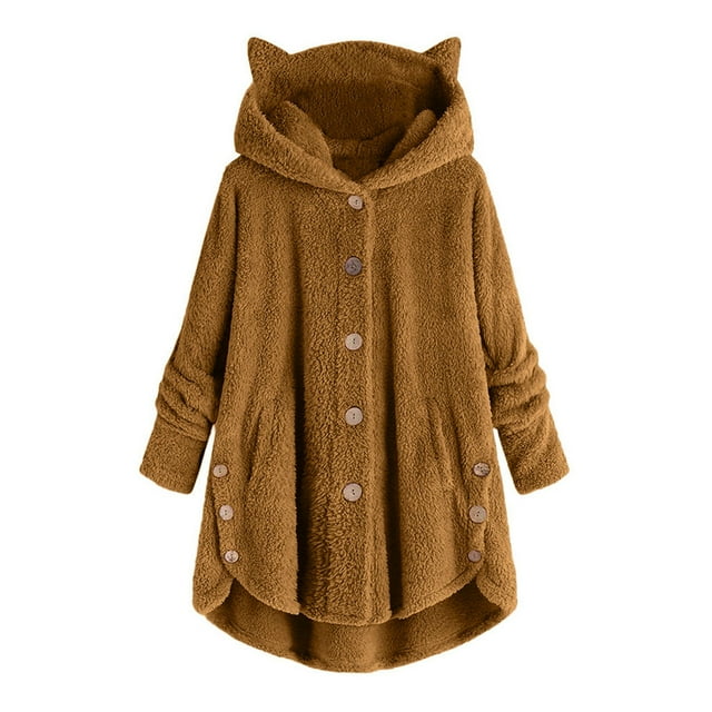 GDREDA Women Button Coat SolidTops Hooded Pullover Loose Sweater Blouse Plus Size Space Short