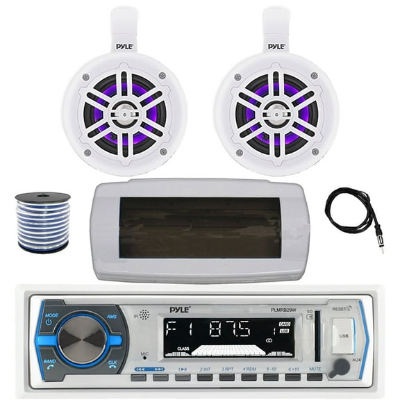 Pyle PLMRB29W Single DIN Bluetooth Marine MP3 AM/FM Stereo Receiver with White Cover, 22" Radio Antenna, Wire, 2x 4" 300W Max Bluetooth Waterproof Wakeboard LED Tower Speakers (White)
