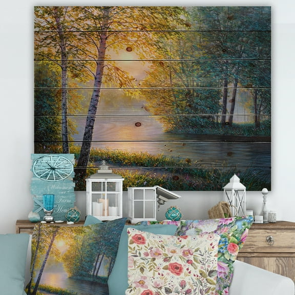 Designart 'Sunrise Summer With Beautiful River Spring Forest' Lake House Print on Natural Pine Wood
