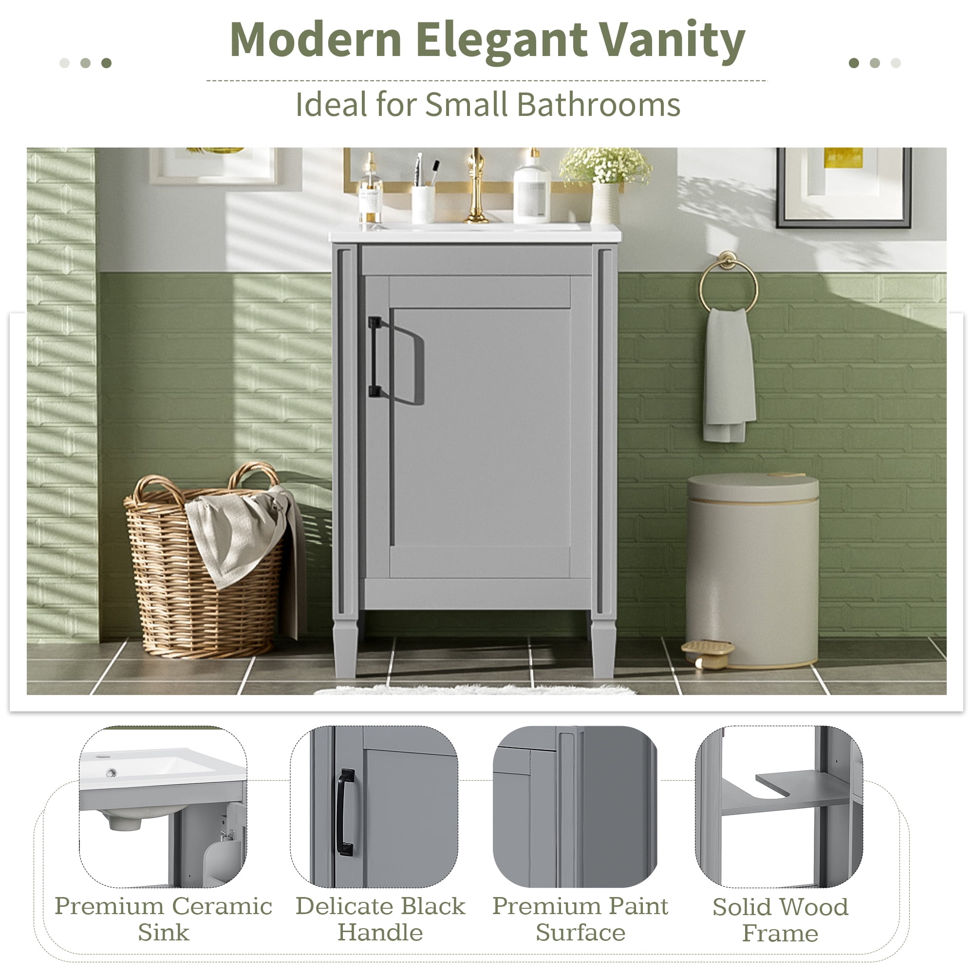 Euroco 20" Gray Bathroom Vanity with Ceramic Sink, Soft Close Door, Adjustable U-Shaped Shelf, Door Storage Rack, Modern Freestanding Cabinet for Small Bathrooms