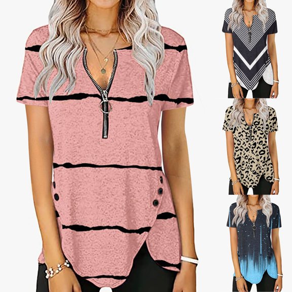 Fesfesfes Women Summer Clothes Sale Fashion Womens Casual Printed Zipper V Neck Short Sleeve Buttons Tops Irregular Hem Blouses Women Tops 6(M)