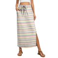 thumbnail image 2 of Womens Striped Print Maxi Skirt High-waisted Drawstring Swing Mid-length Side Slits Boho Beach Vacation Long Skirts Multicolor S, 2 of 6