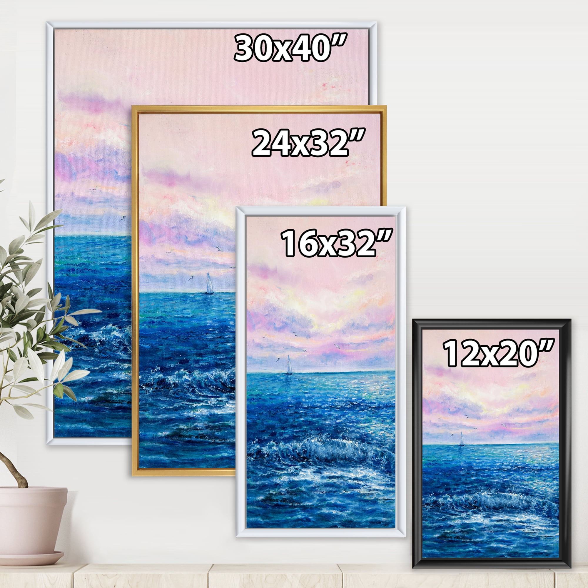 Sunrise Glow On The Ocean Waves II 24 in x 32 in Framed Painting Canvas Art Print, by Designart