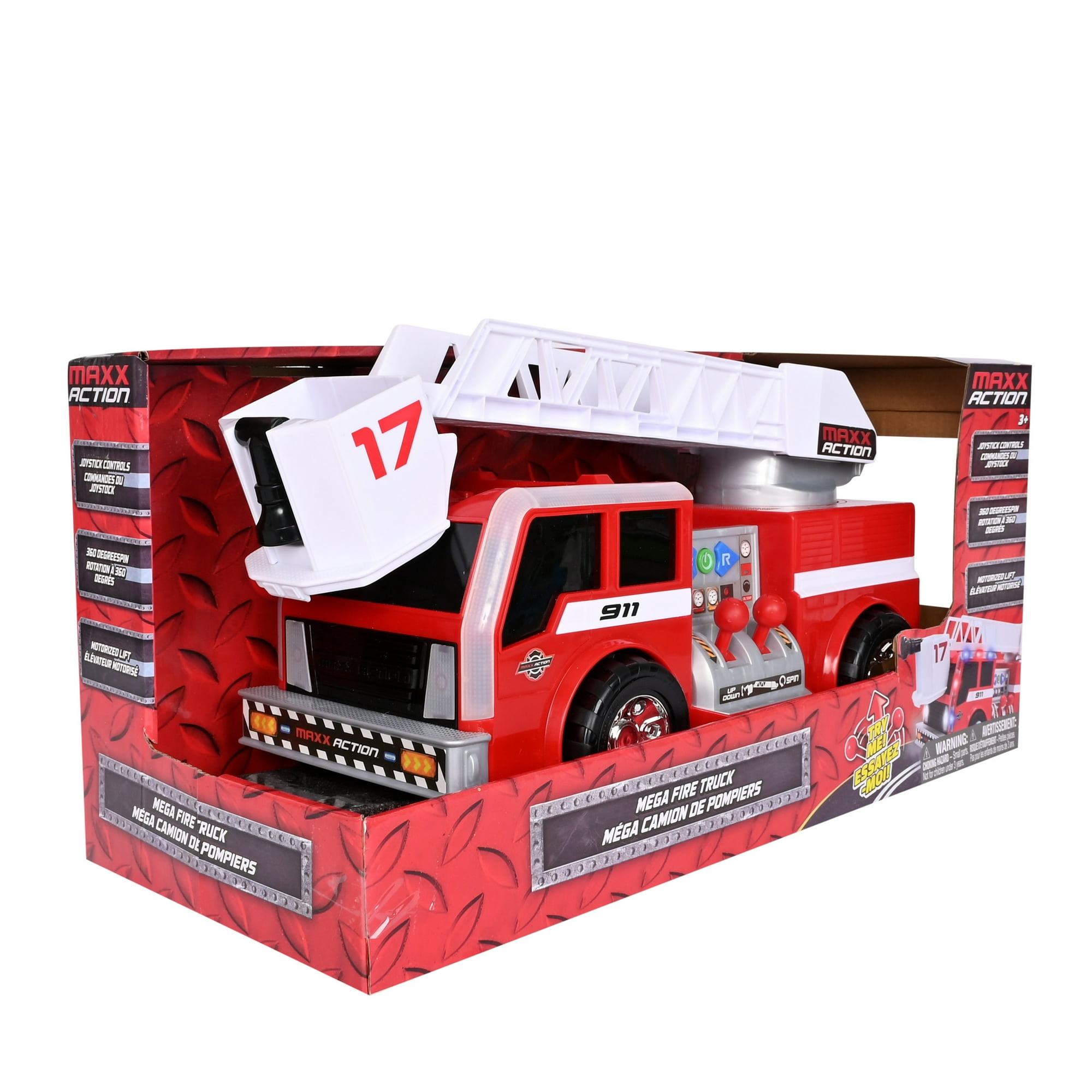 Maxx Action 2-N-1 Firetruck with Joystick Controls, Lights, Siren Sounds,  Motorized Movement, and 360° Spinning Ladder