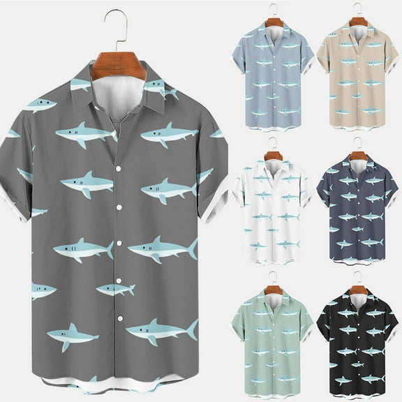 Jinhomg Men's Vacation Beach Shirts Cute Shark Print Hawaiian Shirt Lightweight Breathable Short Sleeve Button Down Aloha Shirts Black L