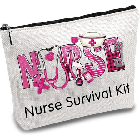 1 pc Pink Nurse Survival Kit Canvas Makeup Bags Cosmetic Bag with Metal Zipper Pouches Polycotton Toiletry Travel Bag Purse Gifts for Nurse Practitioner Women Nursing Student 10x7Inch