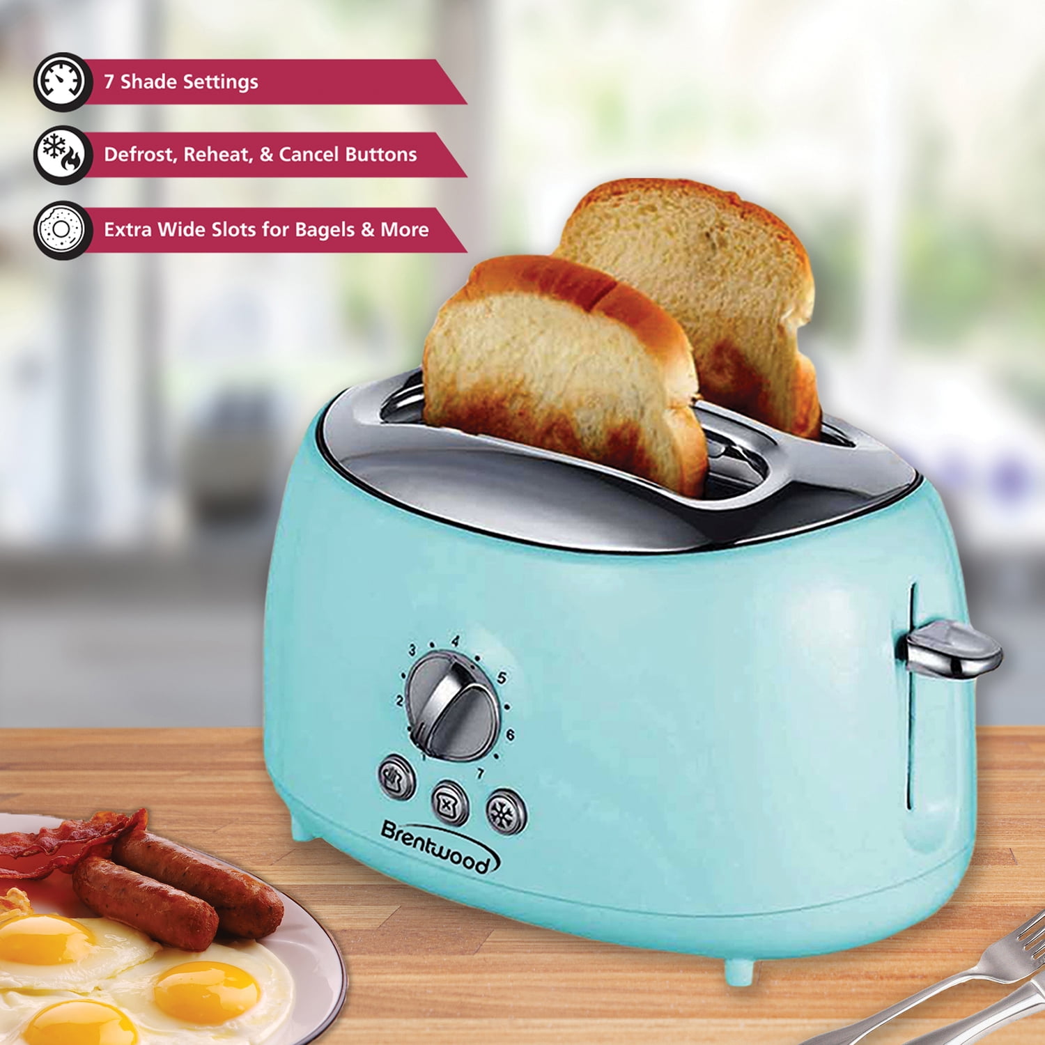 Brentwood 2-Slice Retro Toaster, Blue, Extra Wide Slots