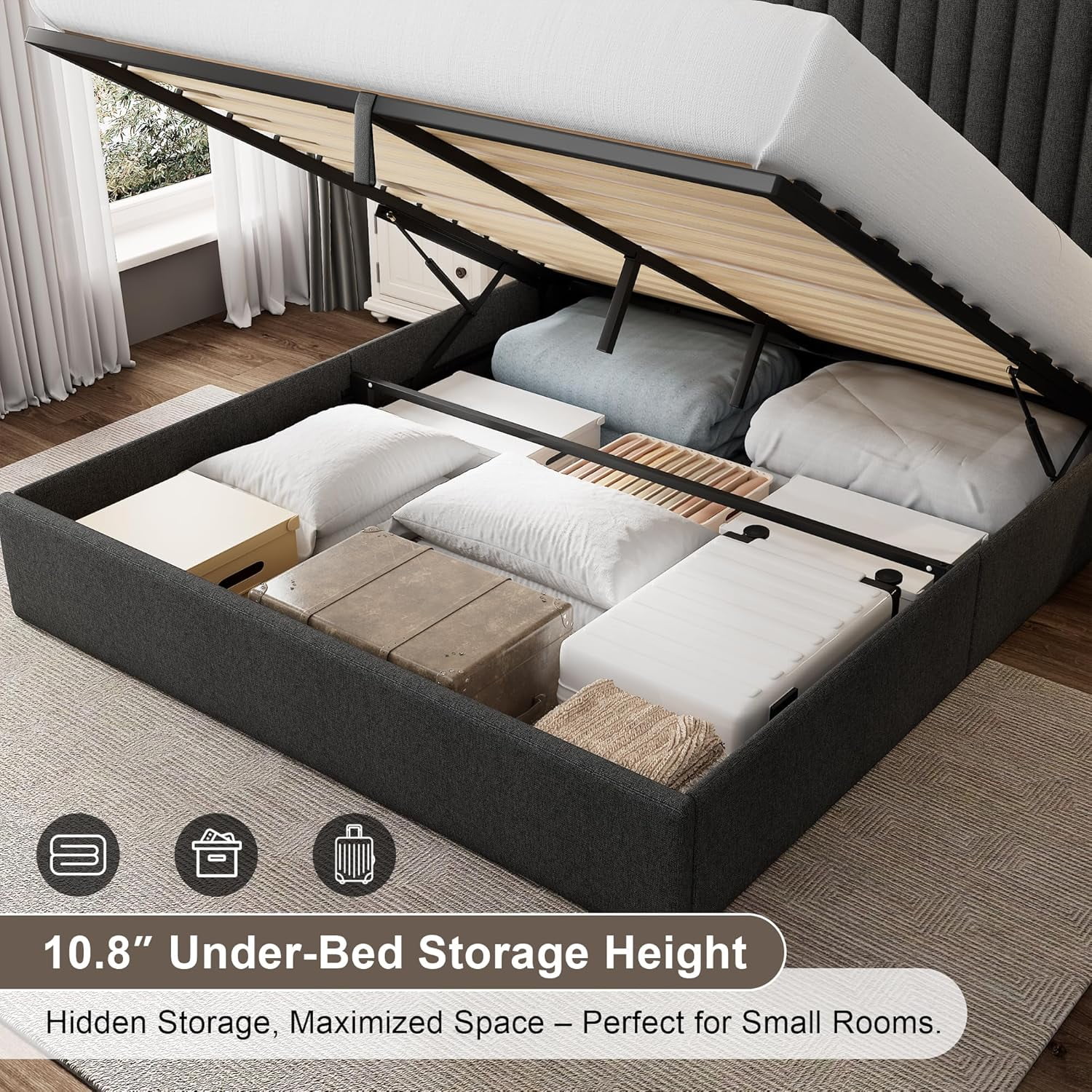 iPormis Queen Size Bed Frame with Lift up Storage & Wingback Headboard, Upholstered Linen Bed Frame with Storage, Hydraulic Storage,Dark Gray