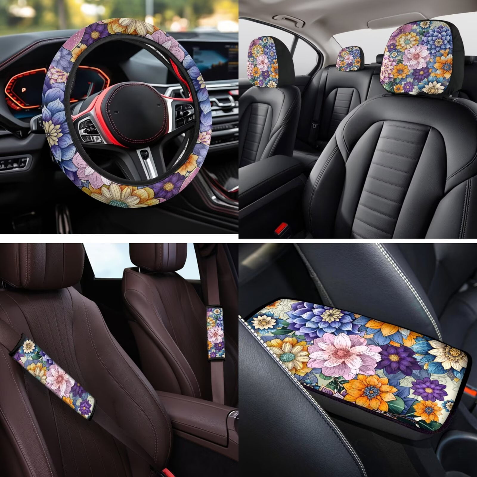 HUIACONG Floral Car Seat Covers Full Set for Women Boho Car Accessories Steering Wheel Cover Seatbelt Covers Coasters Armrest Covers Headrest Covers Keychain,14 Pcs,Universal Fit