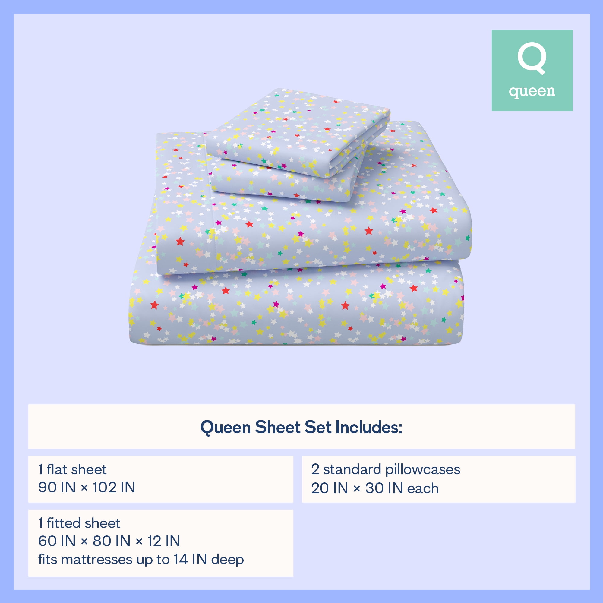 Mainstays Kids Microfiber Bed Sheet Set, Queen, Stars, 4 Pieces