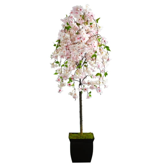 Nearly Natural 70" Cherry Blossom Artificial Tree in Black Metal Planter in Pink