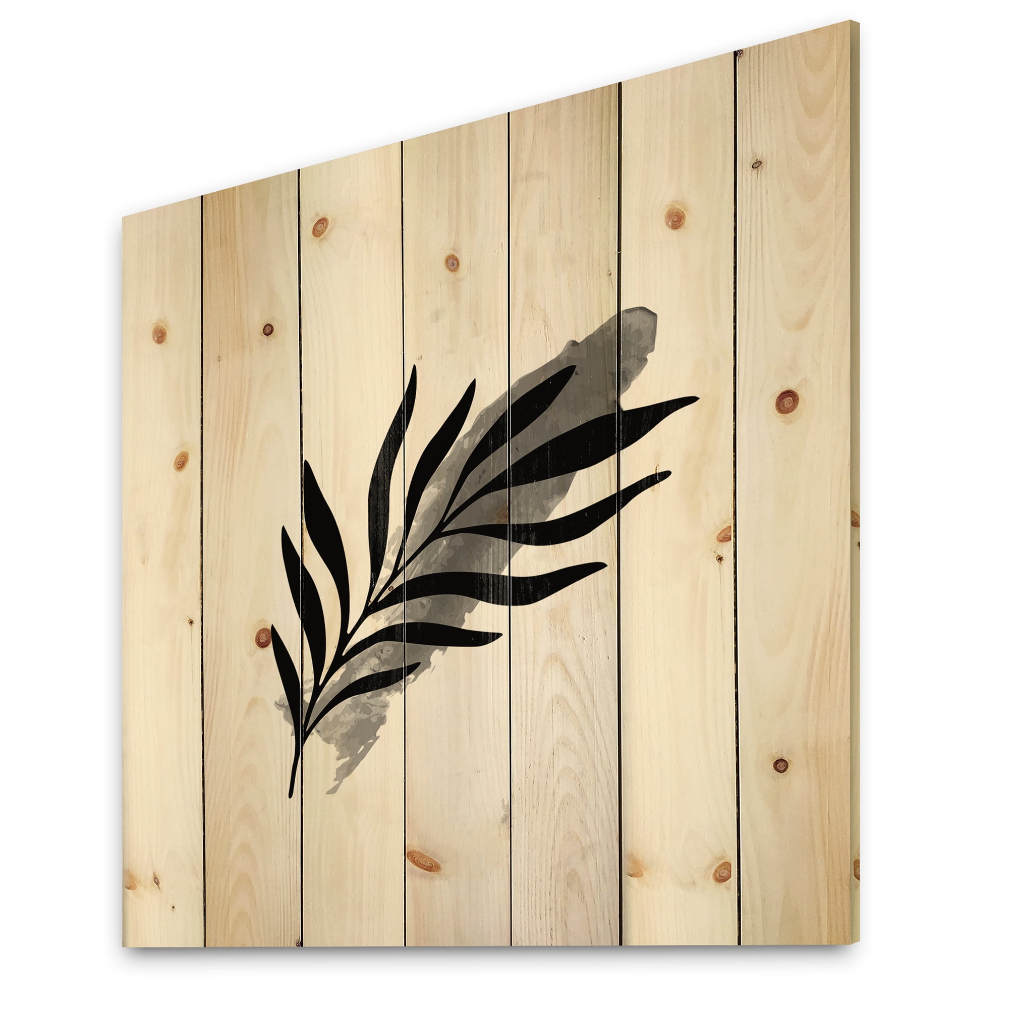 Designart 'Abstract Black Tropical Leaf I' Modern Print on Natural Pine Wood