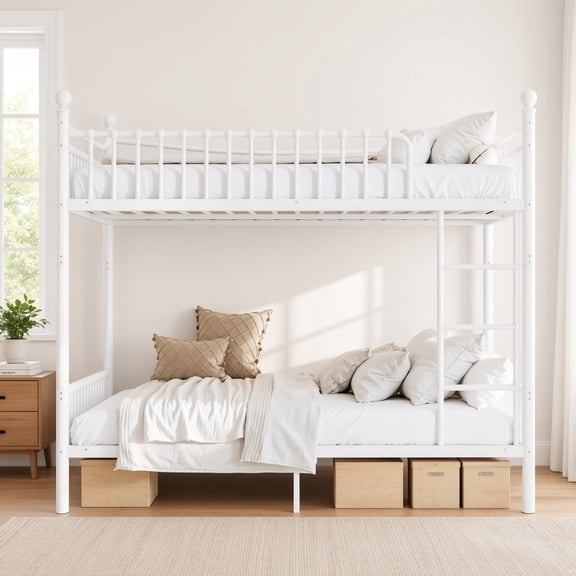 Queen over Queen Metal Bunk Bed with Unique Curved Guardrail Design, Round Tube Bunk Bed Frame, No Box Spring Required, Metal Bunk Bed Frame for Teens Adults, White