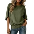 thumbnail image 2 of Women Cotton Linen Shirts with Pleats Batwing Half Sleeve Wide Boat Neck Plain Tshirts Casual Beach Summer Tops (XL, Army Green), 2 of 8