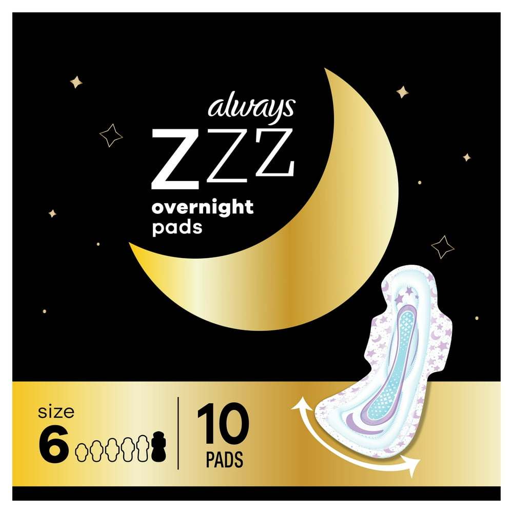 Always ZZZ Overnight Pads for Women Size 6, Unscented with Wings, 10