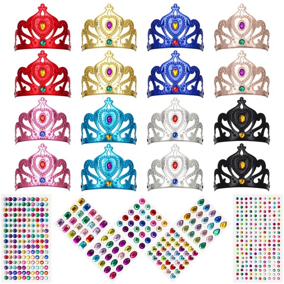 Sparkle Crown Collection - 23 Pack Foam Princess Crowns & Tiaras for Birthday Party Favors. DIY Prince Crown Kit with Crystal Diamond Sticker.