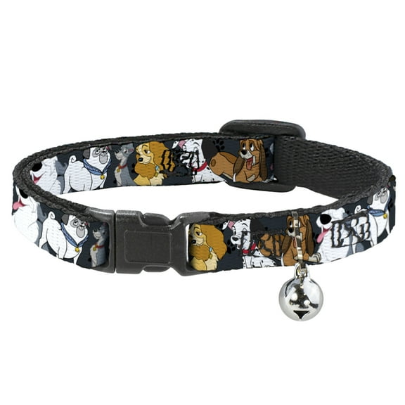 Disney Breakaway Cat Collar With Bell, Plastic Clip, Easy Adjustable, Disney Dogs Group Collage Paws Gray Black, 8.5 to 12 Inches 0.5 Inch Wide