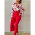thumbnail image 3 of Conjunto De Dos Piezas Elegante, Blusa De Manga Larga Con Cuello En V Estampada Con Flores Y Pantalones Cónicos Con Cinturón Sólido, Ropa De Mujer, 3 of 4