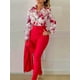 thumbnail image 3 of Conjunto De Dos Piezas Elegante, Blusa De Manga Larga Con Cuello En V Estampada Con Flores Y Pantalones Cónicos Con Cinturón Sólido, Ropa De Mujer, 3 of 4