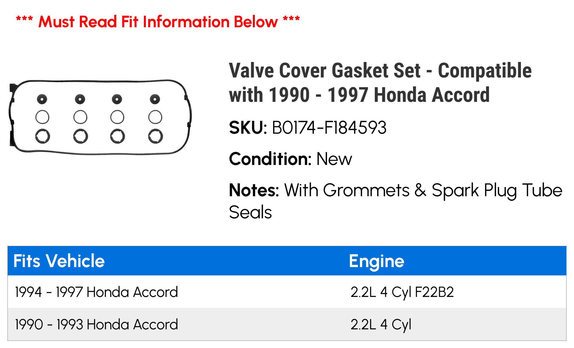 Valve Cover Gasket Set - Compatible with 1990 - 1997 Honda Accord 1991 1992 1993 1994 1995 1996