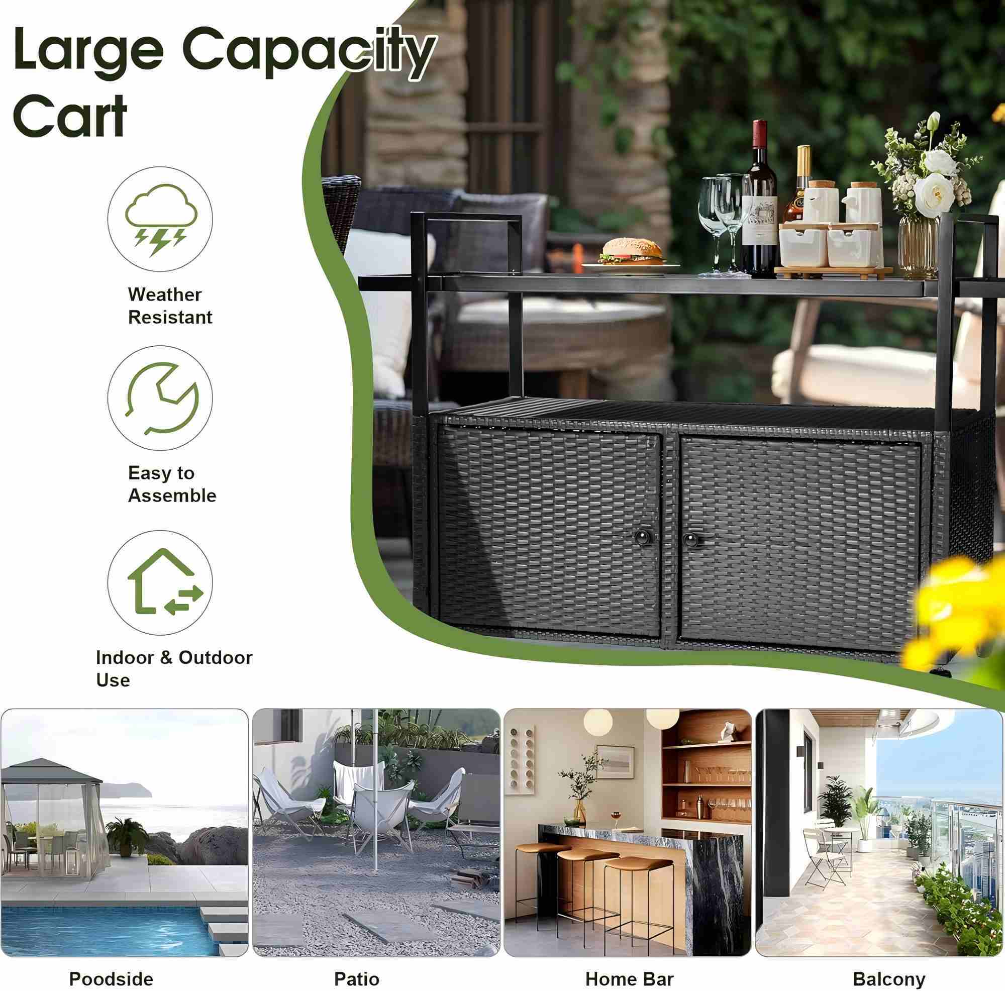 AENKYO Outdoor Bar Cart with Storage Cabinet, Glass Top, All-Weather Wicker Patio Serving Table with Wheels, Black