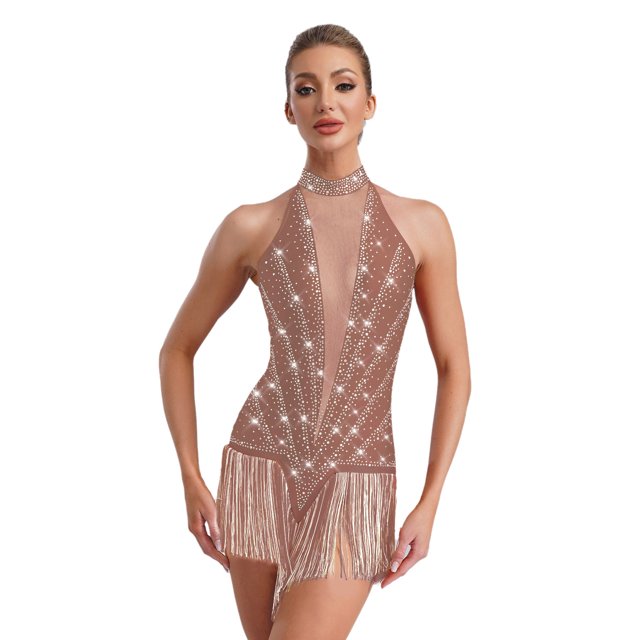 Kaerm Robe de Danse de Salon Salsa Tango Sans Manches Col en V Lyrique Jazz Rose Poussiéreux TTG