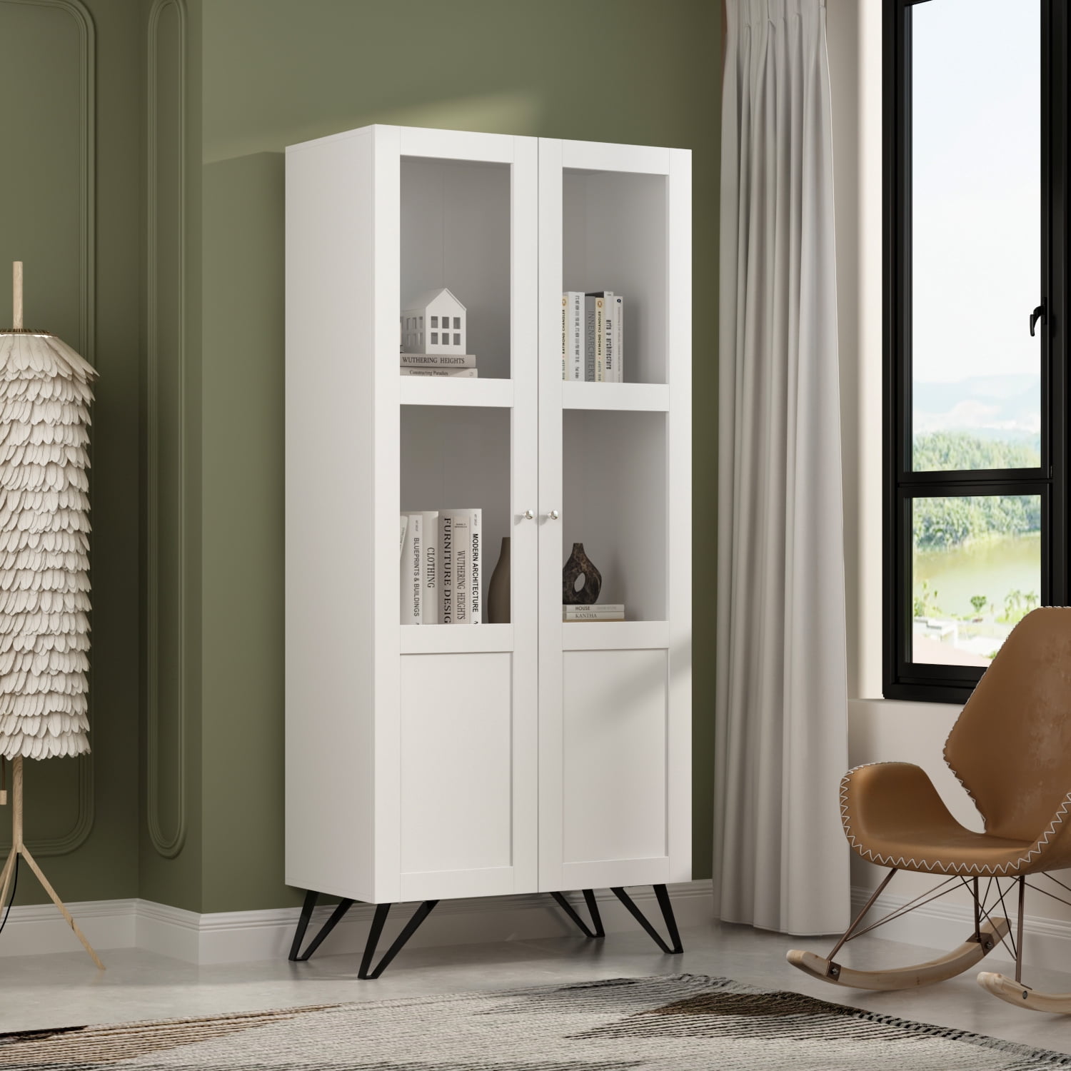 DiDuGo Bookcase with Acrylic Glass Doors, 70.7" Tall White Storage