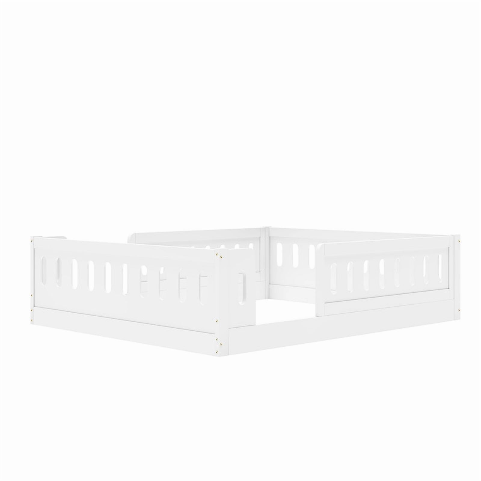 Full Size Low Profile Platform Bed with Guardrails, Wooden Montessori Kids Floor Bed without Support Slat