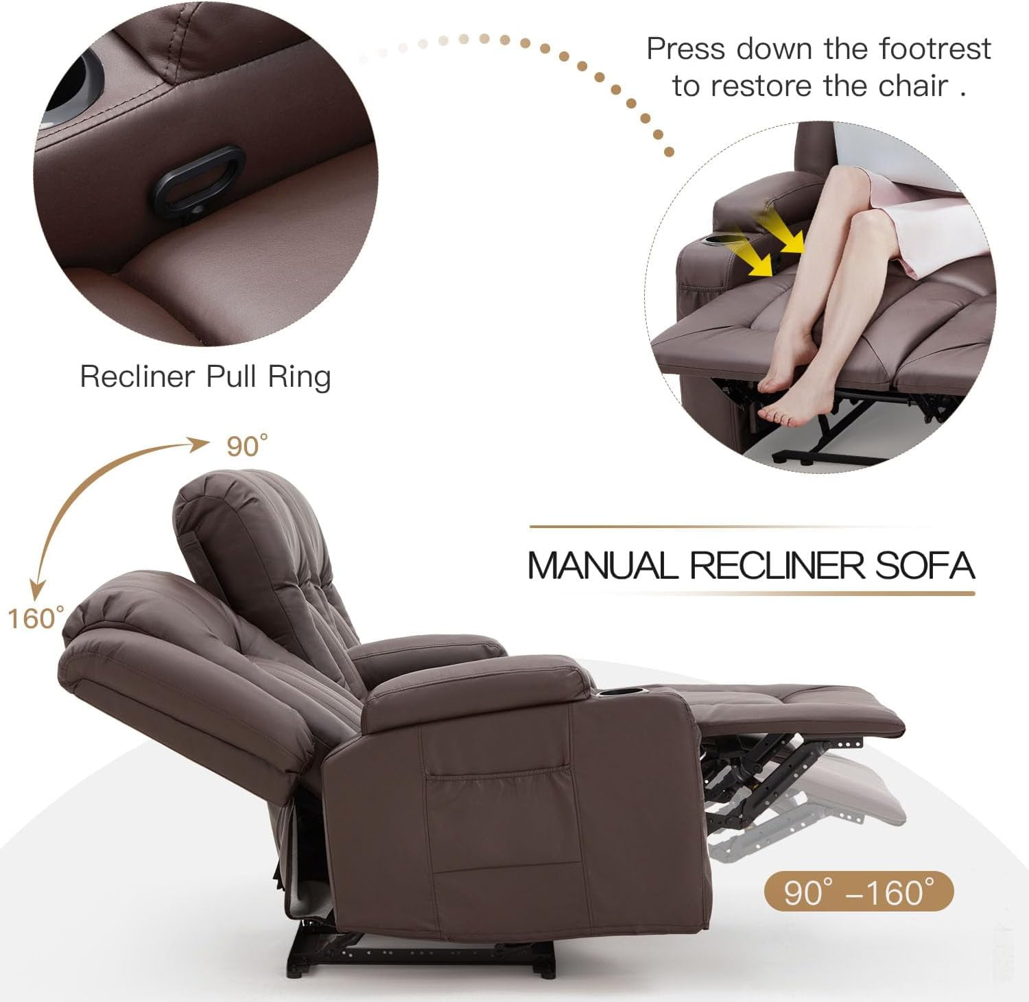 YODOLLA Manual Reclining Sofa with Side Pockets& Cup Holders, PU Leather Home Theater Seating, 3 Seat Recliner Chair in Brown