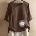 thumbnail image 2 of QQAMB Women Cotton Linen Top Crewneck Button Sunflower Printed Short Sleeve Casual T Shirt Ladies Summer Fashion Blouse Top Brown 2XL, 2 of 4