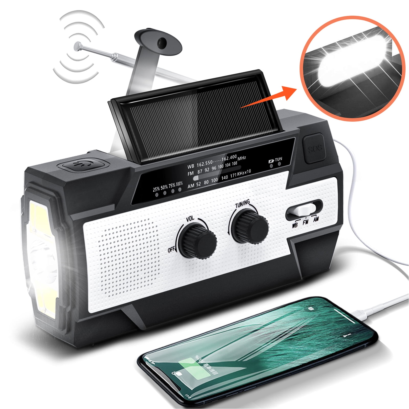 Orange Upgrade to 2000mAh Power Bank Phone Charger Hand Crank Emergency NOAA Radio with LED Flashlight AM/FM WB Weather Radio Solar Charging Indicator 