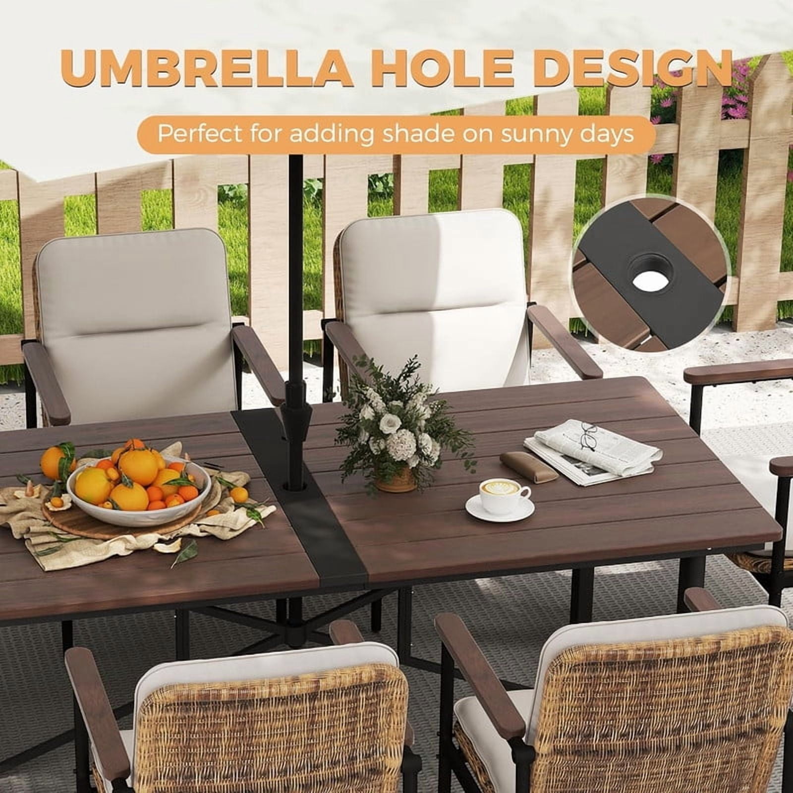9 Piece Patio Dining Set, Outdoor Patio Table and Chairs Set with Large Wooden Dining Table and 8 Wicker Dining Chairs