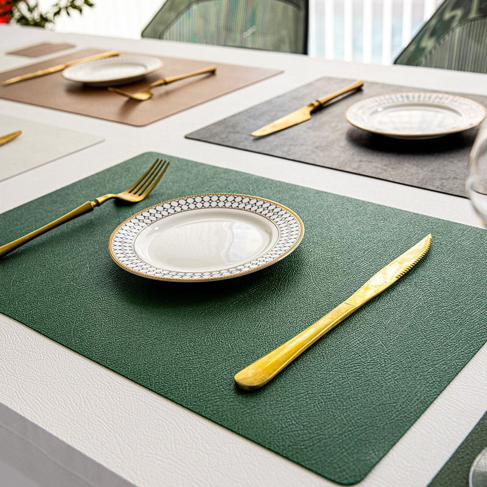 Faux Leather Placemats, Homgreen Green Placemats Set of 6, Easy Clean Table  Mats Set of 6, Waterproof Non-Slip Placemats, Wipeable Rectangle Placemats  Washable Placemats,18*12 inch 