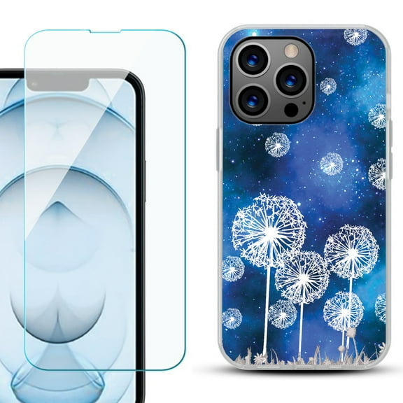 Slim-Fit Gel TPU Phone Case for iPhone 13 Pro Max, with Tempered Glass Screen Protector, by OneToughShield ® - Dandelion Stars