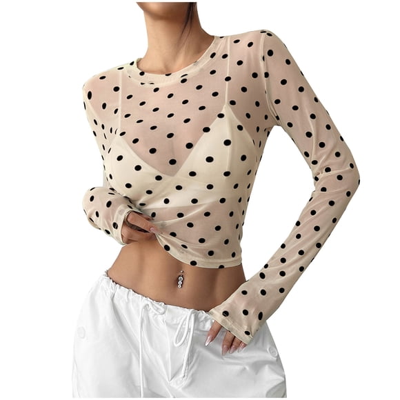 Timegard Crop Tops for Women Print Long Sleeve Lightweight Mesh Thin Shirts Tops Fall Beach Vacation